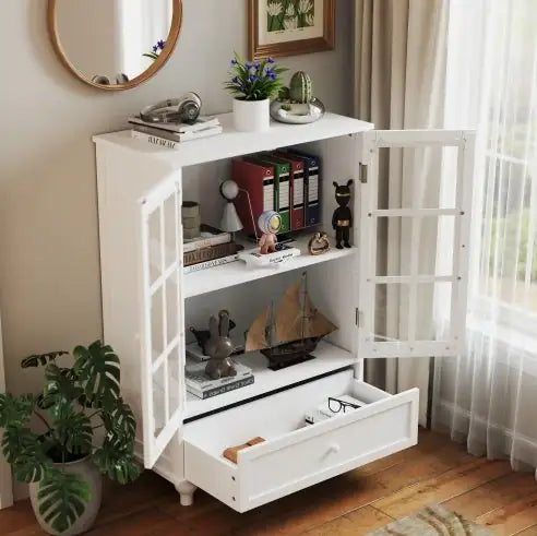 Sleek White Double Glass Door Buffet
