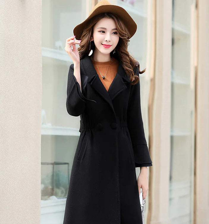Stylish Mid-Length Women's Wool Blend Coat with Slits