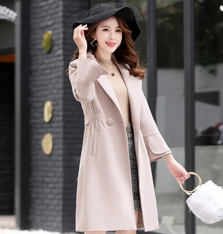 Stylish Mid-Length Women's Wool Blend Coat with Slits