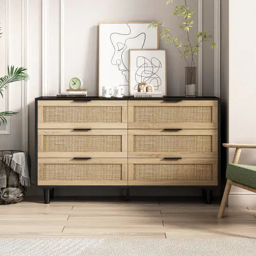 51" 6-Drawer Rattan Storage Cabinet – Black