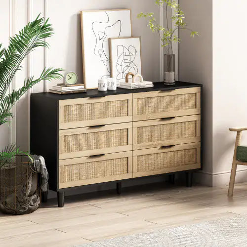 51" 6-Drawer Rattan Storage Cabinet – Black