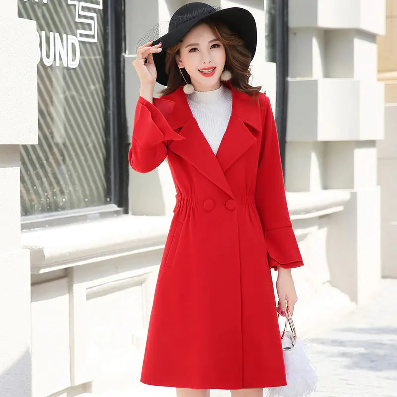 Stylish Mid-Length Women's Wool Blend Coat with Slits
