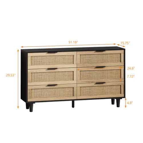 51" 6-Drawer Rattan Storage Cabinet – Black