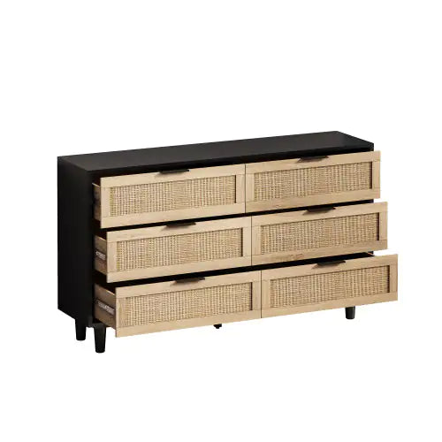 51" 6-Drawer Rattan Storage Cabinet – Black