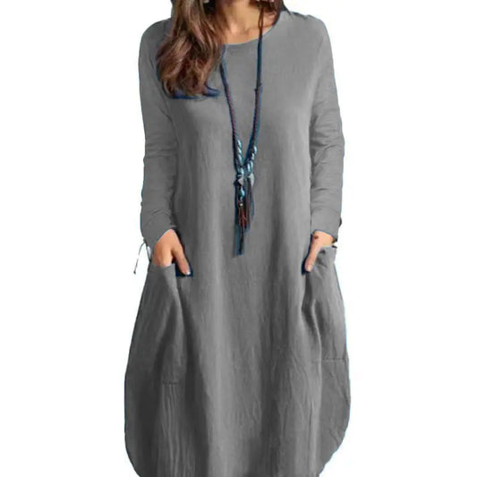 Women's Casual Long-Sleeved Cotton Linen Dress