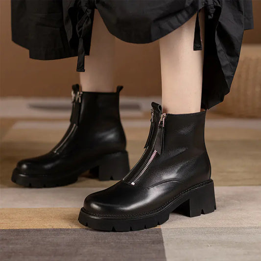 Thick-Soled Double Zipper Leather Martin Boots