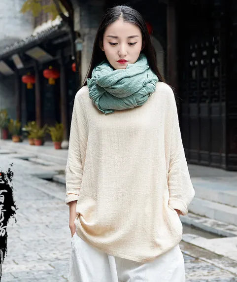 Cotton and Linen Breathable  Long Sleeve Pullover