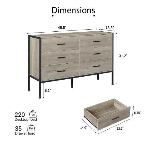 Rustic Grey 6-Drawer Wooden Dresser