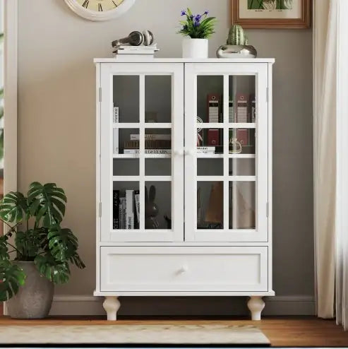 Sleek White Double Glass Door Buffet